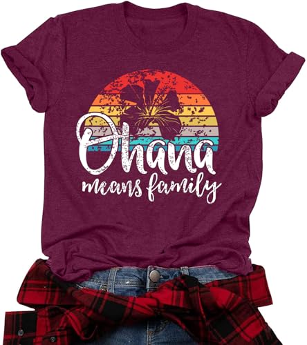 Image of Ohana Means Family Tshirt Women: Hawaii Tropical Graphic T-Shirt Summer Vacation Short Sleeve Tee Top