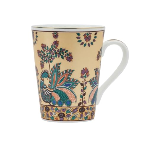 Image of GOLDEN QUEEN'S Elegant Floral Mugs: Set of 2 for Coffee, Tea, Milk | Ideal for Hosting, Casual Gatherings, or Your Daily Beverage Ritual | 24 Carat Gold on Rim - Handpainted Peacock 300 ml