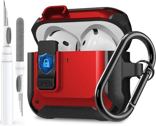 Image of Olytop for Airpods 4 Case with Lock Clid, Rugged Apple Airpods 4th Generation Cover 2024 Men Women, Armor Shockproof iPod 4 Gen Protective Hard Shell with Carabiner&Cleaner kit, Black /Red