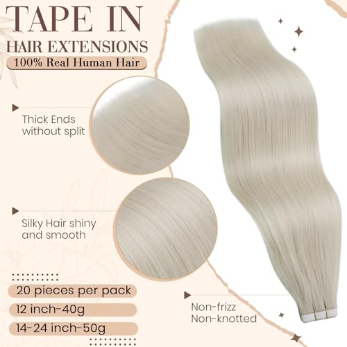 Hetto Tape in Hair Extensions Human Hair Platinum Blonde 18 Inch, Invisible Tape in Human Hair Extensions - Image 2