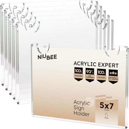NIUBEE 6 Pack 5x7 Clear Acrylic Sign Holder,Horizontal Wall Mount Sign Holder Plastic Picture Frames for Paper