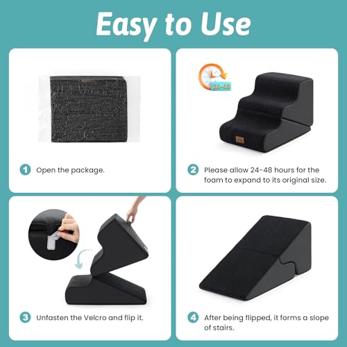 Image of COZY KISS Dog Stairs for Small Dogs, 3-Step 2-in-1 Dog Steps,15.7 inch H | 3-step dog stairs and ramps for Old Cats, Puppy, Small Dogs,Non-Slip Base,for Couch & Bed, Black