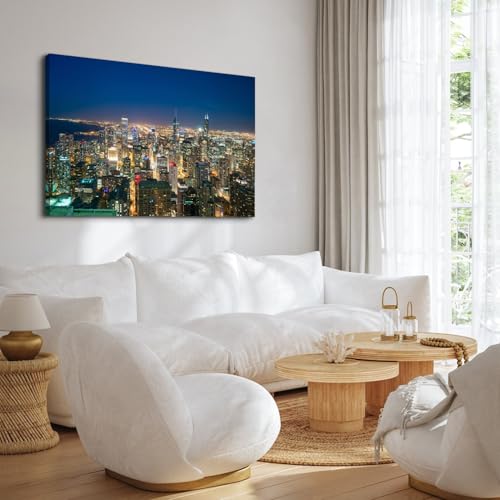 Image of Large City Skyline Wall Art for Office Chicago Wall Decor USA Downtown City Picture Modern Cityscape Painting Canvas Prints Night City Aerial View Poster Panorama Artwork for Bedroom Home Decorations 32x48 inch