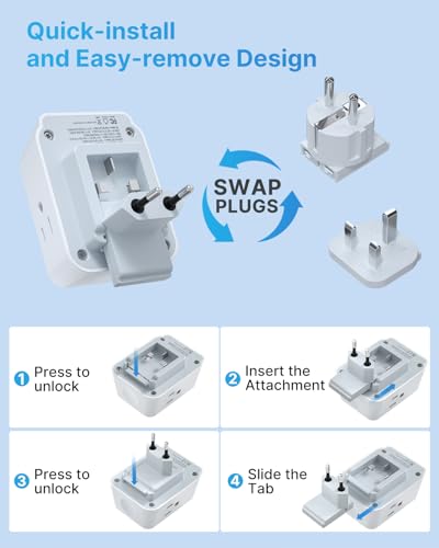Image of European Travel Plug Adapter for Apple Watch Charger, VINTAR International Power Adapter with 3 AC Outlets 4 USB Ports (2 USB C), Type C /G /E /F Detachable Plugs, US to Europe UK France Italy Spain