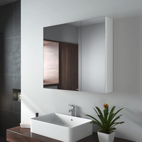 EMKE Spiegelschränke, 75x65cm Bad Spiegelschrank Badschrank mit Doppelseitiger Spiegel (Weiß)