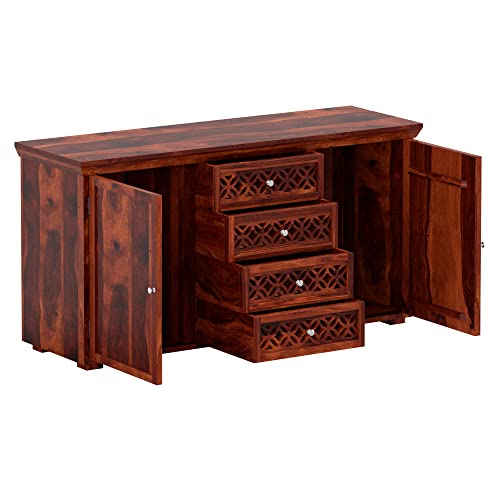 Image of SHIKHA WOOD CRAFT Solid Sheesham Wood Sideboard Cabinet with 2 Doors and 4 Drawers Storage | Wooden Kitchen Cabinet, Crockery Unit, Dining Room Organizer, Living Room Storage Furniture (Honey Finish)
