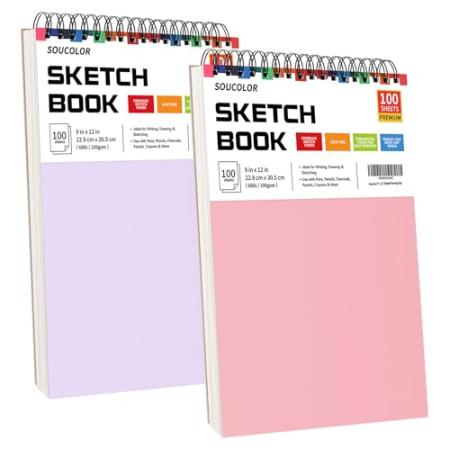 Image of Soucolor 9x12 Sketch Book 2-Pack, 100 Sheets, Acid-Free, Spiral Bound