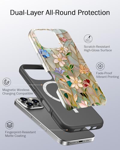Image of Goodon for iPhone 16 Pro Max Case Cute,Aesthetic Vintage Mosaic Stained Glass Shell Design,Glossy Floral Pattern,MagSafe Compatible,Preppy Trendy Y2K Protective Silicone Phone Cover for Women Girls
