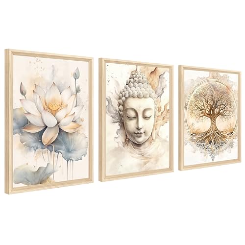 3Pcs Cadre en bois Impression sur Toile Arbre de Vie Bouddha Tableau Peinture sur Toile Bouddhisme Zen Fleur de Lotus Beige Tableau Decoration Murale Salon Chambre...