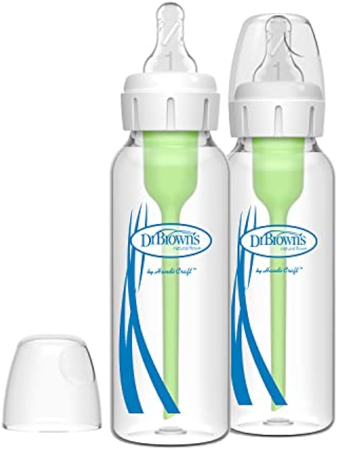 Dr. Brown’s Natural Flow® Anti-Colic Options+™ Narrow Glass Baby Bottles 8 oz/250 mL, with Level 1 Slow Flow Nipple, 2 Pack, 0m+