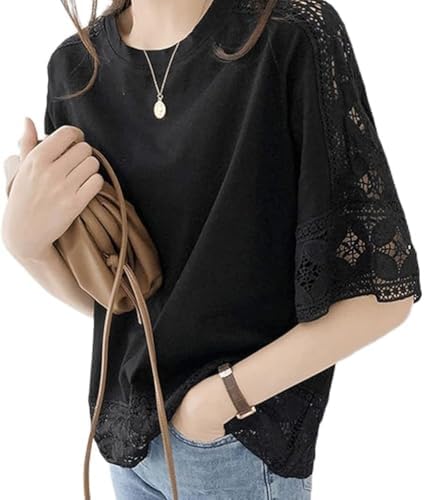 Women's Blouse, Shirt, Top, Openwork Knit, Embroidered Floral Pattern, Lace, Short Sleeve, Loose, Cut and Sewn, All Lace, See-through, Fashionable, Cute, Volume Sleeve, Casual, Dating, Work
