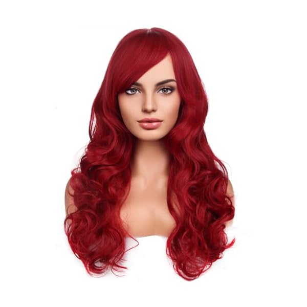RightOn Red Wig Long Curly Wig with Bangs Red Wig for Women Red Wigs Long Wavy Red Wig with Wig Cap