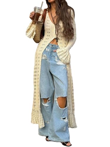Women Crochet Knit Maxi Dress Long Sleeve Button Down Closure Cardigan Hollow Out Cover Up Dress Streetwear