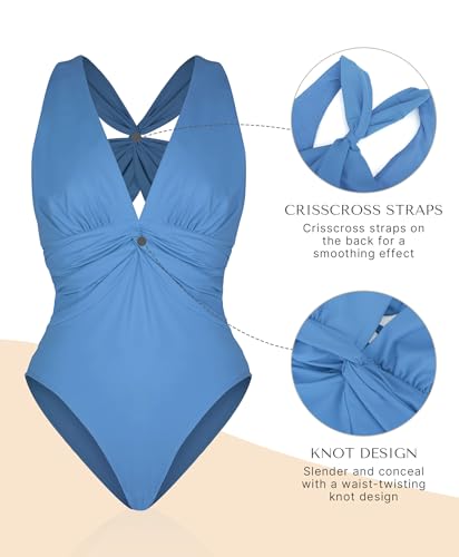 Image of SHAPELLX Women's One Piece Swimsuit Tummy Control Ruched Full Coverage Bathing Suit V Neck Slimming Swimwear