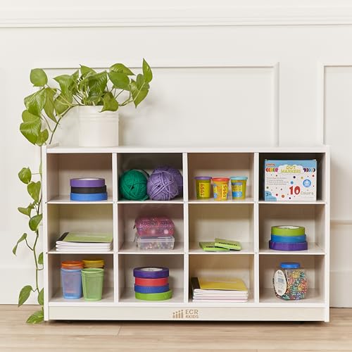 Image of ECR4Kids 12 Cubby Mobile Tray Storage Cabinet, 3x4, Classroom Furniture, White Wash