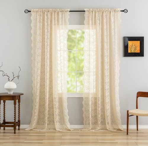 YJ YANJUN Vintage Lace Curtains 102 Inch Long-Victorian Floral Pattern Beige Sheer Curtain Panels...
