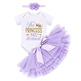 Newborn Coming Home from Hospital Outfit: The Princess Has Arrived Baby Girl Romper Tutu Skirt with Diaper Cover Headband Cake Smash Photoshoot New Born Infant Girls Clothes Full Set Lilac 3-6 Months