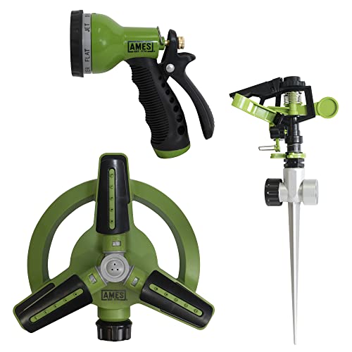 Ames (3) Piece Sprinkler & Sprayer Set With (1) Pulsating Spike Style, (1) 3 Arm Rotating Sprinkler And (1) 7-Pattern Spray Nozzle For Lawn, Garden Or Yard, Watering, Adjustable, Easy Hose Connections #TOP6