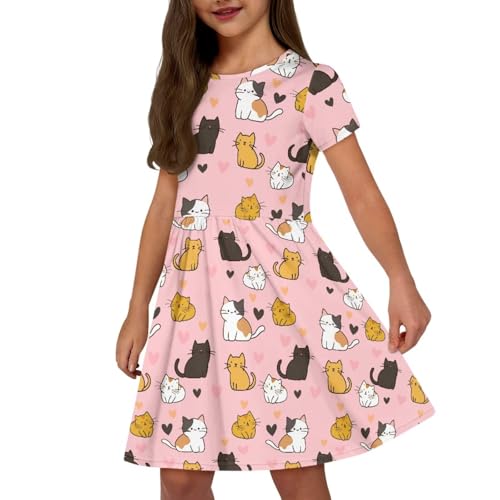 Short Sleeve Swing Dress Summer Soft Crew Neck Midi Dresses with Pockets for Girls 2-14 Years Old