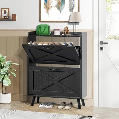SOLAURA Shoe Storage Cabinet with 2 Flip Drawers, Freestanding Shoe Rack for Entryway, Hidden Shoe Organizer with Wooden Legs, Black (Medium) Cover