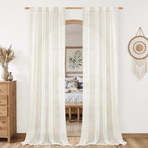 LAMIT Cream 80 inch Linen Curtains for Doorway, Light Filtering Semi Sheer Drapes Back Tab and Rod Pocket Neutral Panels for Bedroom/Living Room, 34 x 80 Inch, 2 Panels