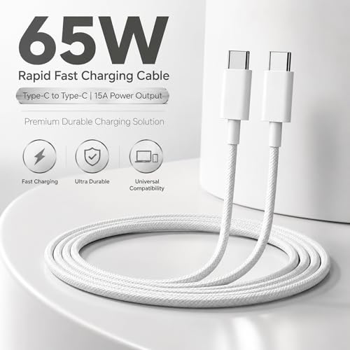 Image of Type C to C USB Cable 1m 65W Rapid Fast Charging 15A Universal Type C Charger Cord for Smartphones & Tablets | White Durable Charging Cable