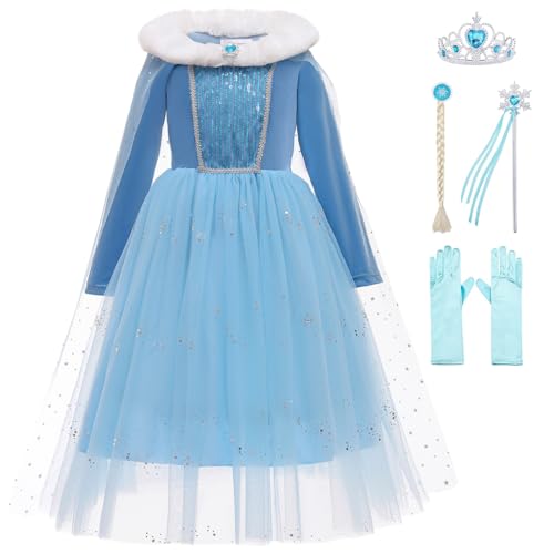 KANDEMY Mädchen Prinzessin Kostüm mit Umhang Eisprinzessinnen Kleid Kinder Geburtstag Fasching Karneval Kostüme Cosplay Verkleidung Party Blau-K35 110