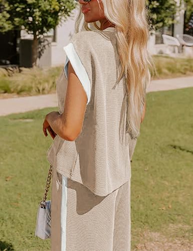 Faleave Women's 2 Piece Summer Lounge Set Outfit Short Sleeve Pullover Tops Wide Leg Long Pants Tracksuit2