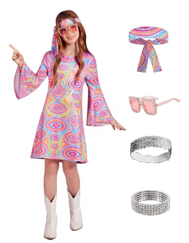 Little Girl's Halloween 5 Pcs Bell Sleeve 70s Disco Sequins Dress 60s Groovy Hippie Go Go Outfit Light Pink 6 Years