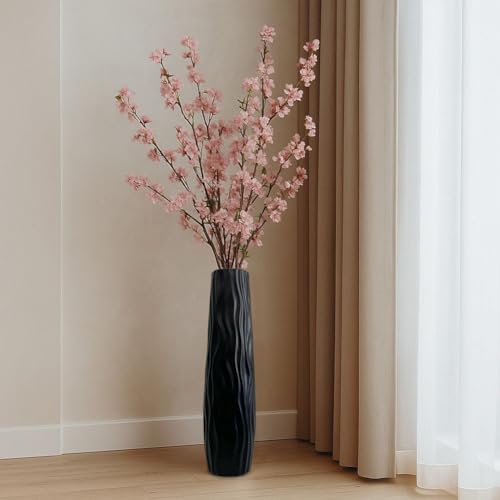 Starnearby Vase de Sol Haut, Grand Vase Décoratif Texturé et Incassable en Plastique, Décoration pour Salon, Bureau, Chambre, Herbe de Pampa Fleurs Séchées, Fleurs Artificielles (Noir)