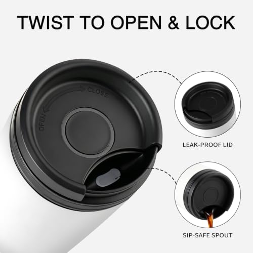 Image of 16 oz Travel Coffee Mug with Twist-Open Lid, Leak Proof Coffee Travel Mug, Insulated Tumbler Stainless Steel Coffee Cup For Hot And Iced Cold, Spill Proof Fits Cup Holder (White)