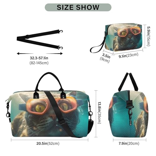 Large Travel Duffel Bag, Cat Diving Sports Tote Gym Bag, Shoulder Weekender Overnight Bag for Women Men, Carry On Luggage with Toiletry Bags3