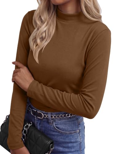 IWOLLENCE Womens Mock Neck Tops Long Sleeve Thermal Shirts, Brown L