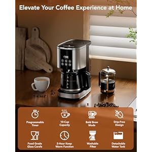 Cowsar 10 cup programmable coffee maker drip coffee machine with bold brew mode auto pause keep warm function blackstainless steel  urban country home decor