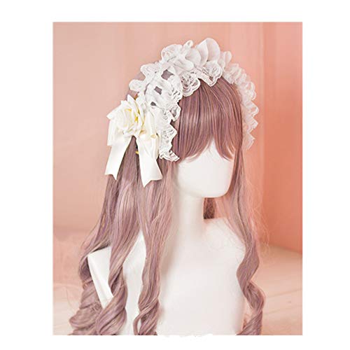 Littleluluda Lace Headband Lolita Maid Rose Flower Headdress Ornaments Ribbon Vintage Cosplay Party Hair Accessories (White) #TOP1