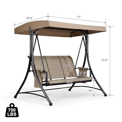 Image of PURPLE LEAF 3-Seat Deluxe Outdoor Patio Porch Swing with Weather Resistant Steel Frame, Adjustable Tilt Canopy, Beige