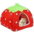 Mygeromon Small Pet Bed for Small Rabbit Guinea Pig Hamster Bunny Animals Warm Sleeping Strawberry House for Winter (Red)