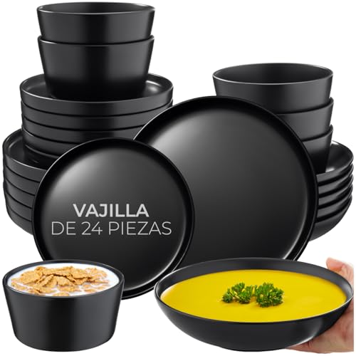 tectake® vajilla completa para 6 personas, juego vajilla estilo urbano, gres esmalte, lavavajillas y microondas, vajillas completas modernas, platos vajilla, cuencos ceramica - 24 Piezas Negro tectake® vajilla completa para 6 personas, juego vajilla estilo urbano, gres esmalte, lavavajillas y microondas, vajillas completas modernas, platos vajilla, cuencos ceramica - 24 Piezas Negro