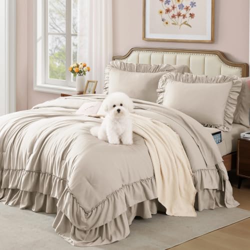 Image of AMBERSPACE Queen Comforter Set Beige Ruffle 7 Pieces Farmhouse Bed in a Bag