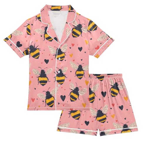 ALAZA Lovely Bee Love Heart Satin Pajamas Set Short Sleeve Button Down Sleepwear Summer Pjs 2 Piece