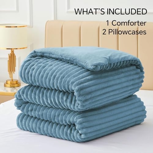 Image of BEDELITE Fleece Full Comforter Set -Super Soft & Warm Fluffy Blue Fog Bedding, Luxury Fuzzy Heavy Bed Set for All Season with 2 Pillow Cases