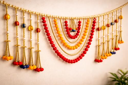 Image of iHandikart Decorative Multicolor Pom Pom and Beads Door Toran, 40 Inch Decorative Toran for Entrance, Home & Festive Decor, Traditional Toran for Diwali & Housewarming Gifts (RK-T175)
