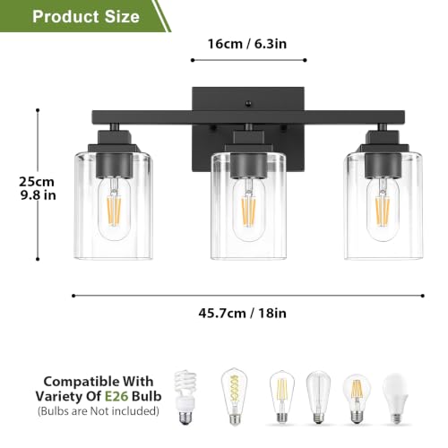 Image of Matte Black Bathroom Light Fixtures, 3-Light Vanity Lights over mirror