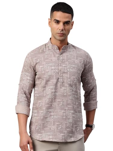 Image of Majestic Man Men's Pure Cotton Printed Mandarin Collar Regular Fit Roll-Up Sleeves Short Kurta