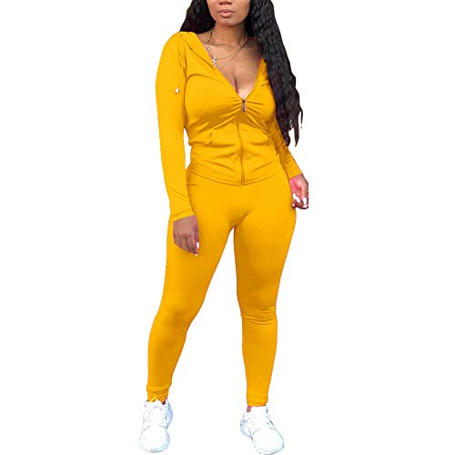 Women's Casual 2 Piece Outfits Solid Long Sleeve Zip-up Hoodie & Skinny Pants