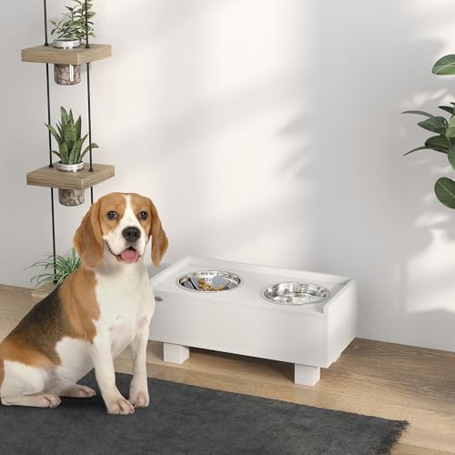 PawHut Hundenapf erhöht, Höhenverstellbar Futternapf für Hunde mit Stauraum, 2 x 1L Edelstahl-Schüsseln, Fressnapf mit Anti-Schling-Matte, für mittelgroße Hunde, Weiß