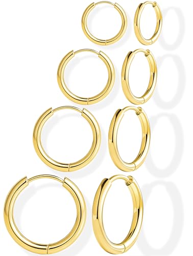 Image of Small Gold Huggie Hoop Earrings Set for Women Men Hypoallergenic 14K Plated Stack Cartilage Earrings, Sterling Silver Multiple Piercing Lightweight Mini Thin Cute Dainty Trendy Jewelry Gifts for Women
