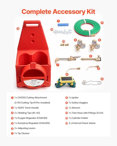 Image of VEVOR Oxygen Acetylene Torch Kit with Check Valves, Gas Welding Cutting Torch Kit, Portable Oxy Acetylene Brazing Set with 15FT Twin-Hose, 1 Cutting Tip, 2 Welding Tips, 2 Regulators & Cylinder Holder