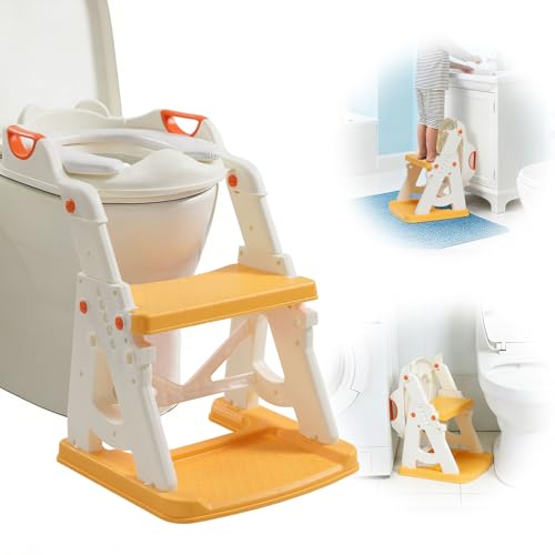 CALCHELE Potty Training Seat, Upgrade Toddler Toilet Seat with Steps Stool Ladder, 2 in 1 Potty Training Seat with Step Stool for Kids Boys Girls Yellow