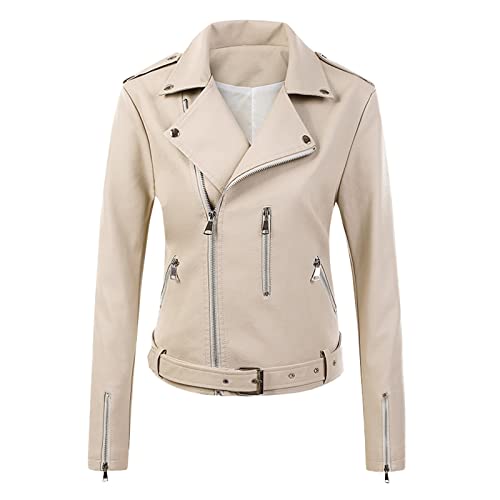 L9WEI Chaqueta de cuero para mujer, chaqueta corta de motorista, solapa, otoño, invierno, entretiempo, chaqueta delgada de motorada, piel sintética, moda Streetwear, beige, XXL